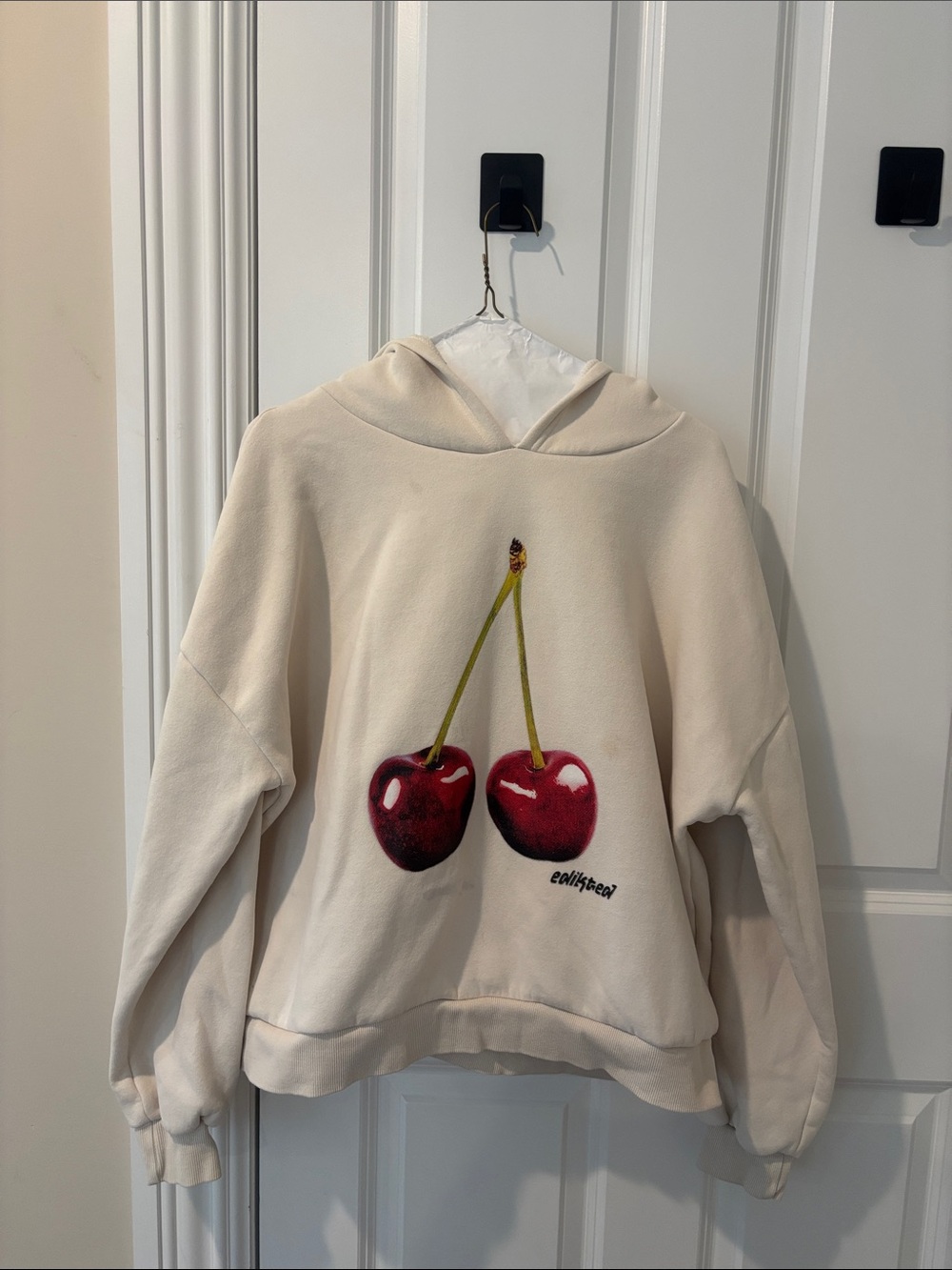Edikted Cream Hoodie with Red Cherry Graphic